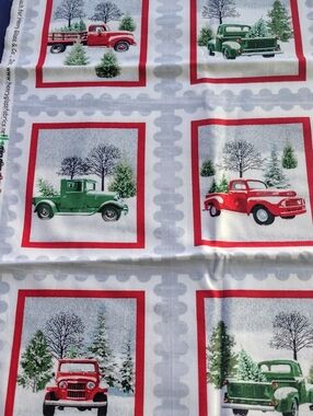 Holiday Vintage Trucks Fabric Panel - Red & Green 44 Wide By 1/2 Yard 24 Trucks